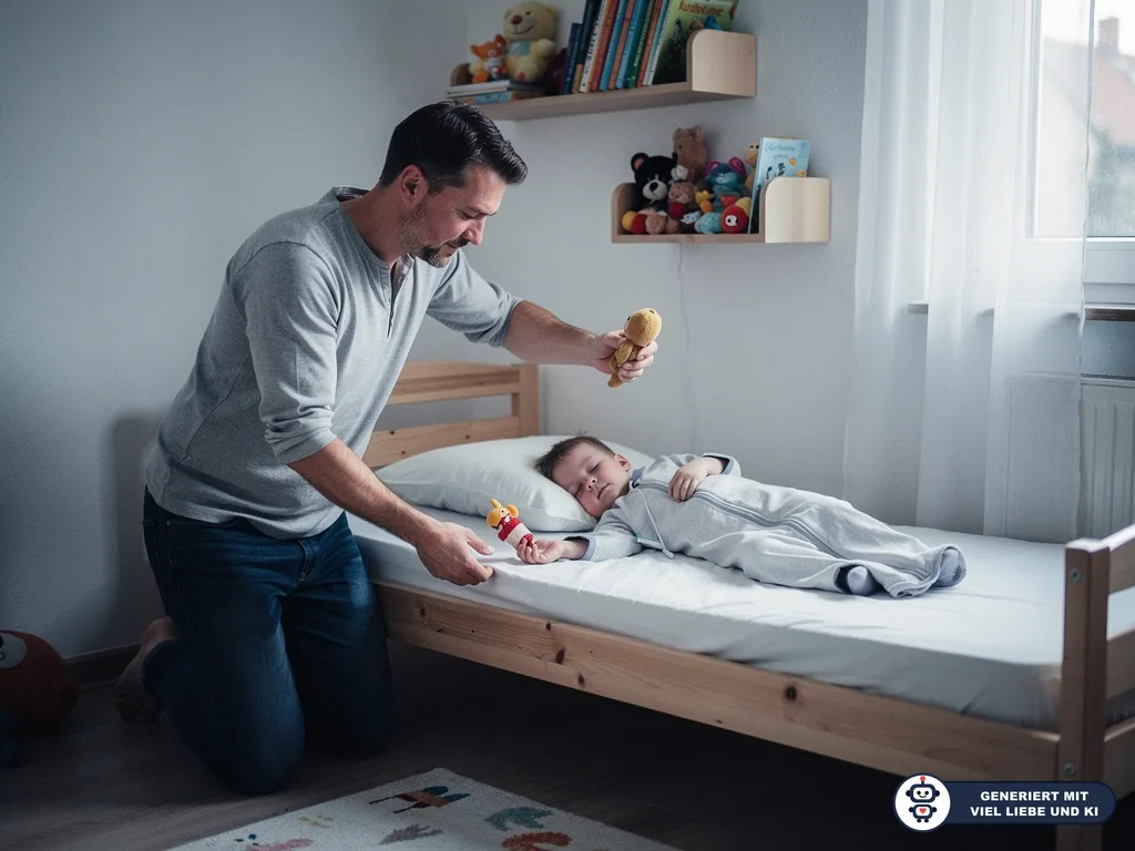 Ein Mann kniet am Kinderbett und hält Spielzeug, während ein Kleinkind im Schlafsack auf dem Rücken schläft. (mit KI erstellt)