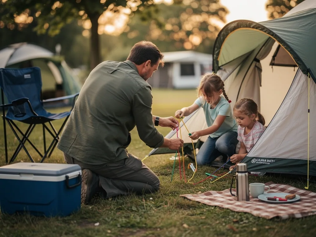 Ein Vater befestigt mit zwei Kindern Zeltschnüre vor einem Familienzelt auf dem Campingplatz.