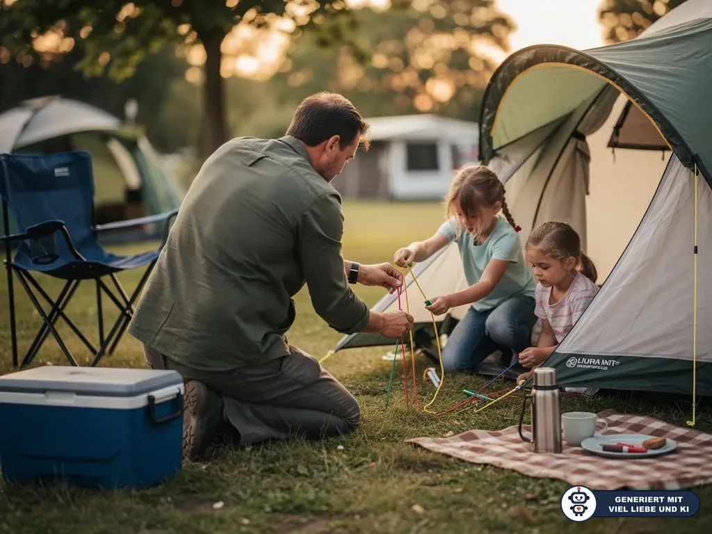 Ein Vater befestigt mit zwei Kindern Zeltschnüre vor einem Familienzelt auf dem Campingplatz. (mit KI erstellt)