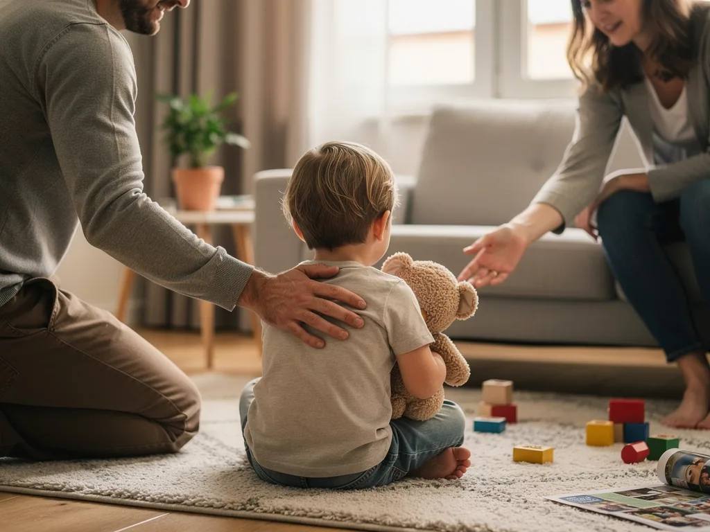 Ein Vater beruhigt ein Kind mit Teddy, während eine Frau im Wohnzimmer die Hand ausstreckt.