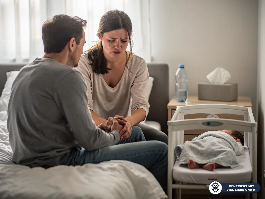 Ein Vater hält die Hände einer weinenden Mutter, neben ihnen schläft das Baby im Beistellbett. (mit KI erstellt)