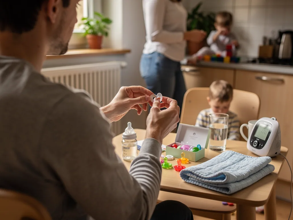 Ein Vater prüft einen Schnuller am Küchentisch; daneben liegen Fläschchen, weitere Nuckel und Babyzubehör.