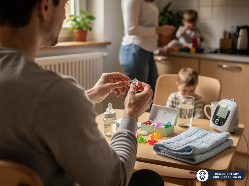 Ein Vater prüft einen Schnuller am Küchentisch; daneben liegen Fläschchen, weitere Nuckel und Babyzubehör. (mit KI erstellt)
