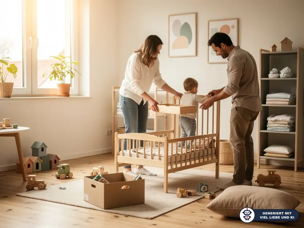 Eltern bauen im hellen Kinderzimmer ein Holzbett auf, während ein Kleinkind am Bett steht. (mit KI erstellt)
