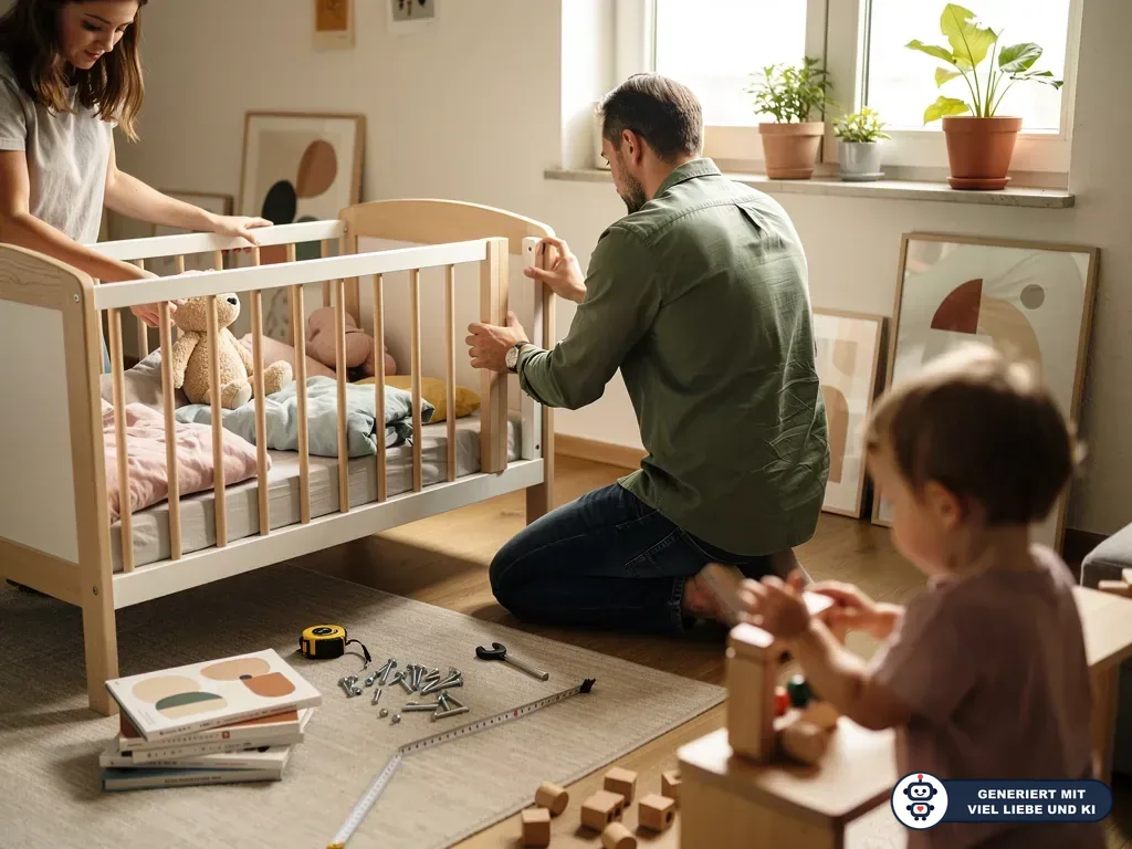 Eltern bauen im hellen Kinderzimmer ein Kleinkindbett auf, während ein Kind im Vordergrund mit Holzspielzeug spielt. (mit KI erstellt)