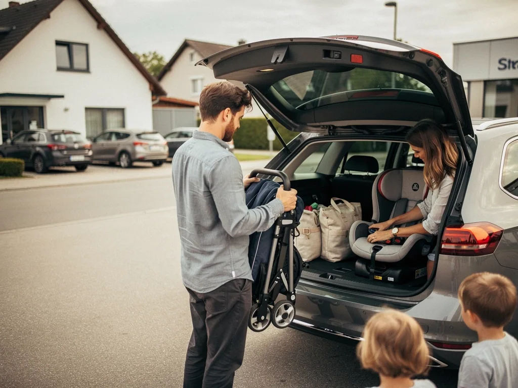 Eltern beladen den offenen Kofferraum eines Kombis mit Kinderwagen, Kindersitz und Taschen; zwei Kinder warten daneben.