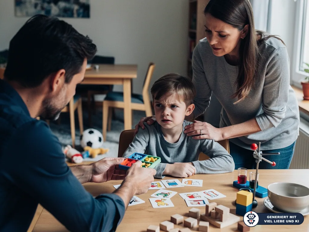 Eltern beobachten besorgt ihr Kind bei Aufgaben mit Karten, Würfeln und Spielmaterial am Tisch. (mit KI erstellt)