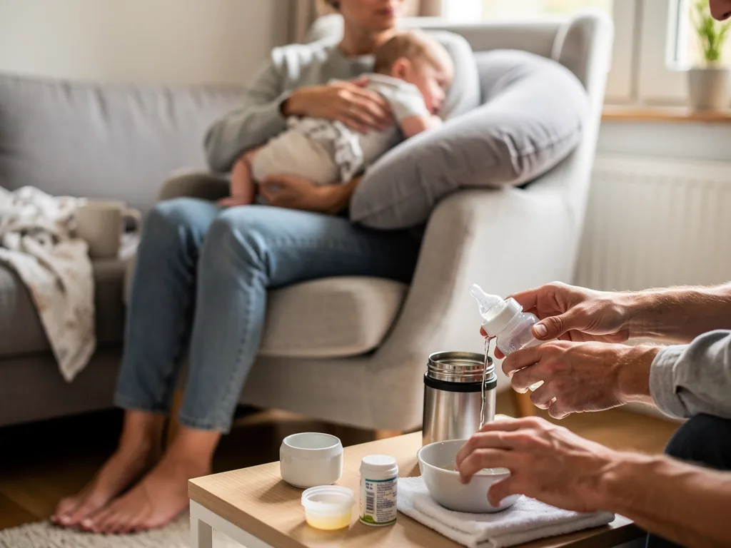 Eltern bereiten ein Babyfläschchen vor, während ein Baby auf dem Stillkissen im Sessel liegt.
