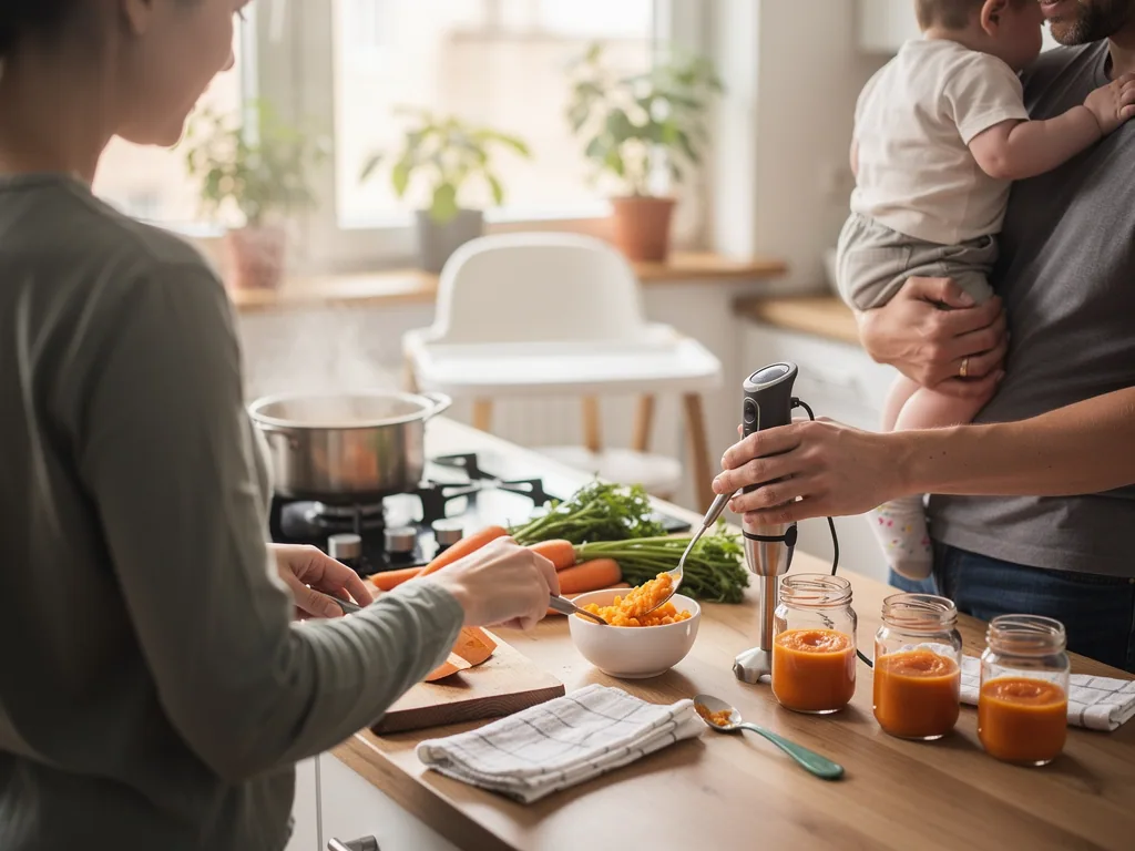 Eltern bereiten in der Küche Karottenbrei zu, während ein Vater ein Baby hält.