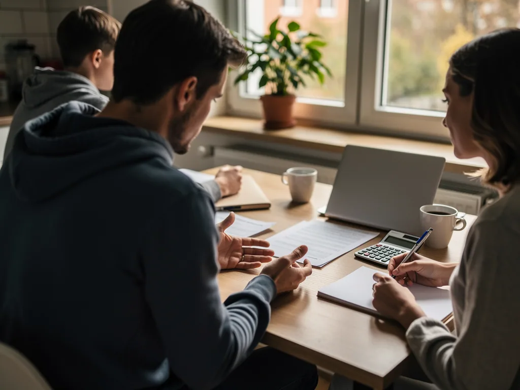 Eltern besprechen am Tisch Unterlagen zur Finanzplanung, daneben Laptop, Taschenrechner und Kind am Fenster.
