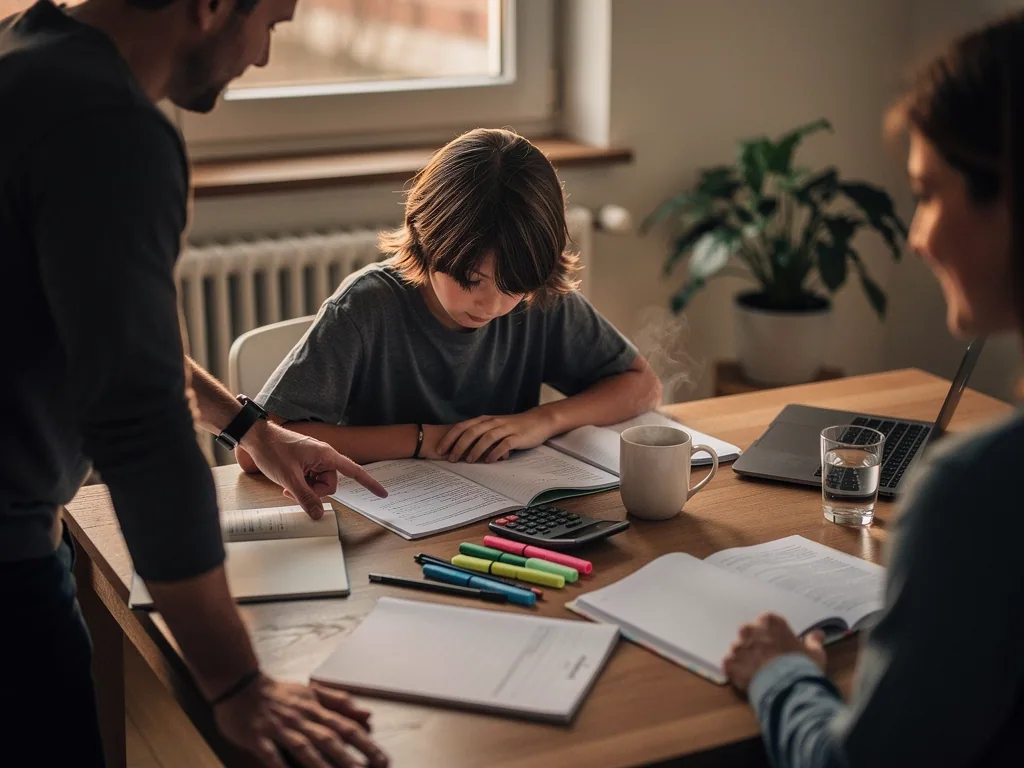 Eltern besprechen mit ihrem Sohn am Esstisch Schulunterlagen, Taschenrechner und Laptop liegen daneben.