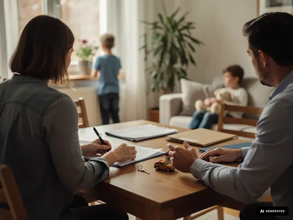 Eltern besprechen Unterlagen am Tisch, während zwei Kinder im Wohnzimmer im Hintergrund sind. (mit KI erstellt)