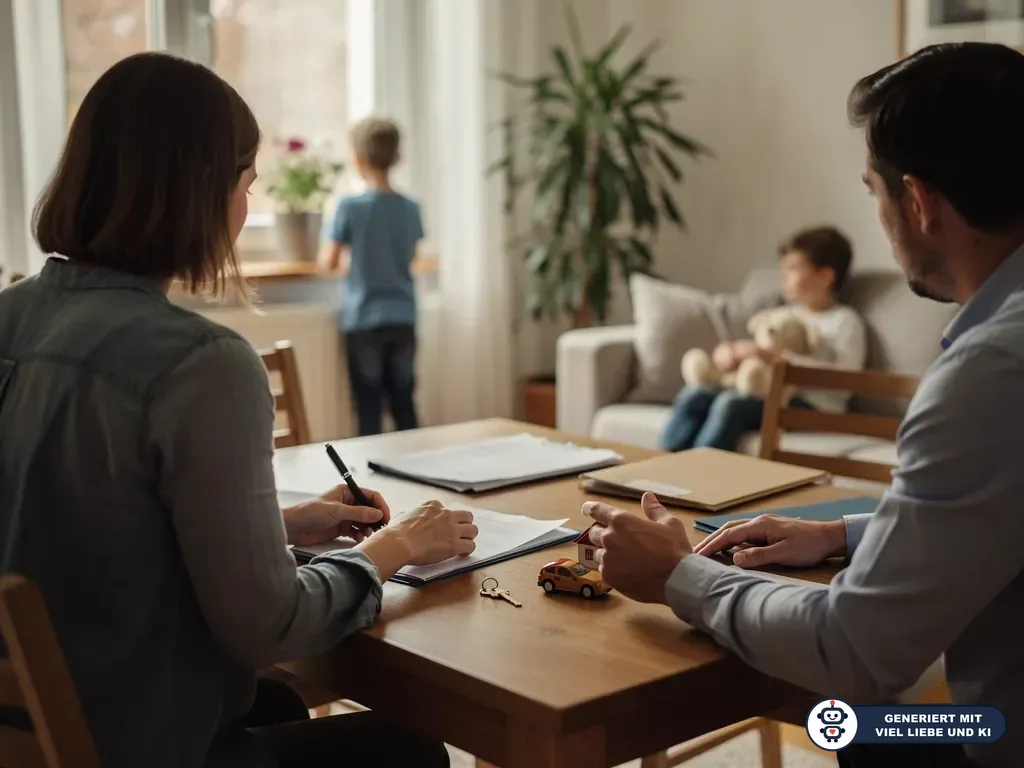 Eltern besprechen Unterlagen am Tisch, während zwei Kinder im Wohnzimmer im Hintergrund sind. (mit KI erstellt)