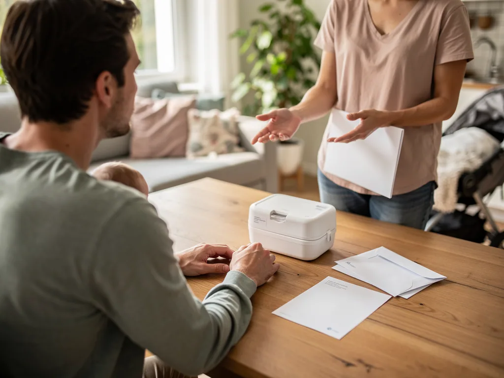 Eltern besprechen zu Hause Unterlagen und eine Box zur Nabelschnurblut-Einlagerung auf dem Tisch.