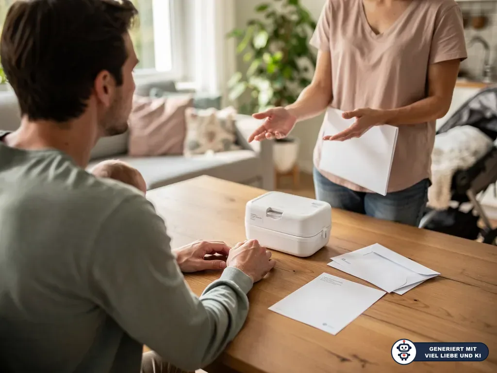 Eltern besprechen zu Hause Unterlagen und eine Box zur Nabelschnurblut-Einlagerung auf dem Tisch. (mit KI erstellt)