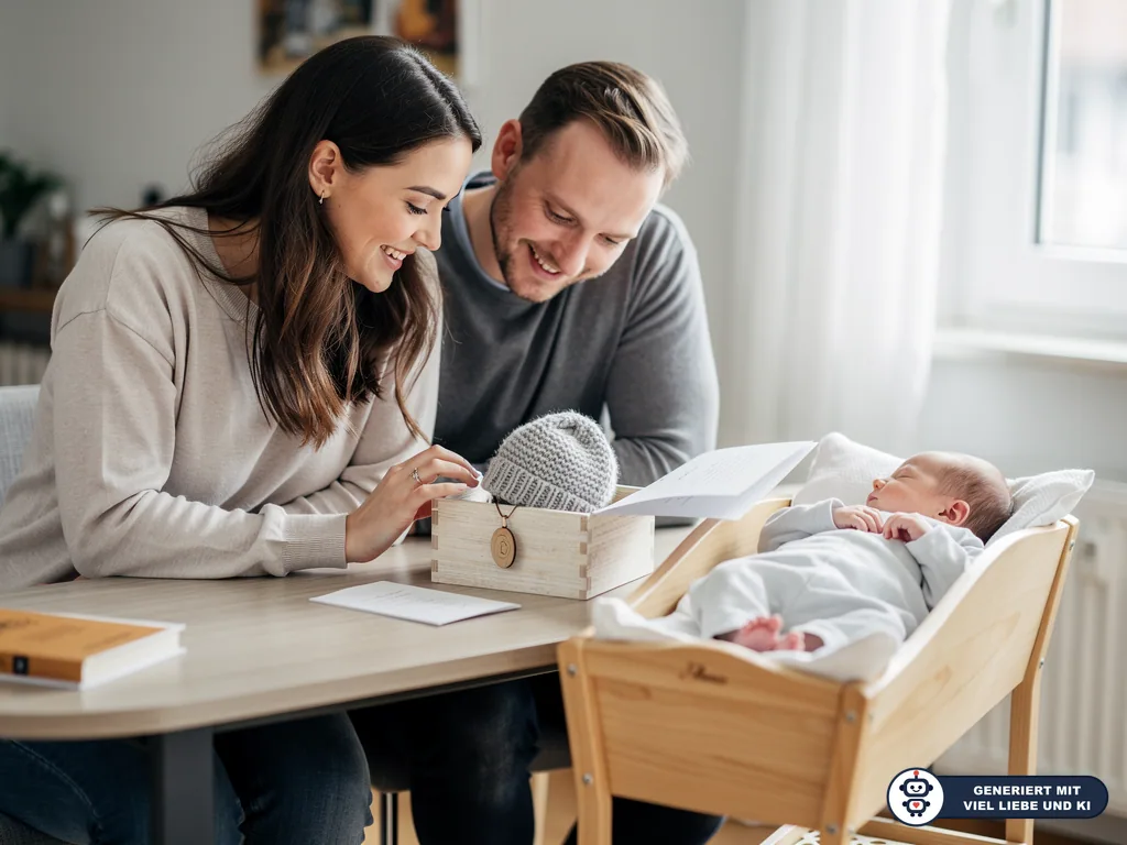 Eltern betrachten mit ihrem Baby eine Holzkiste mit Strickmütze, Anhänger und Karte auf dem Tisch. (mit KI erstellt)
