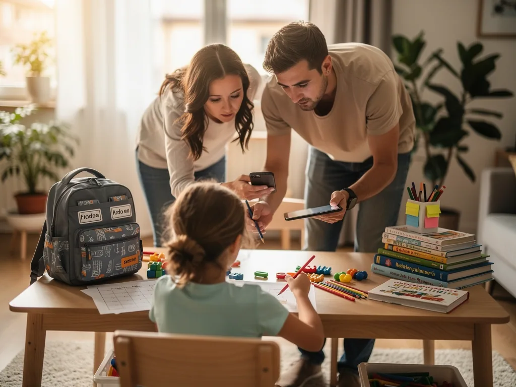 Eltern beugen sich mit Smartphone und Tablet über ein Kind, das am Tisch Hausaufgaben macht.