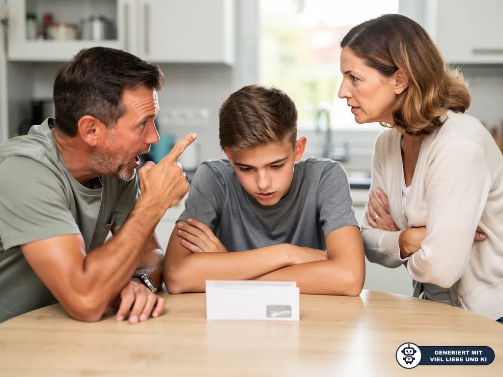 Eltern diskutieren mit ihrem Sohn am Küchentisch über einen Brief; der Vater hebt mahnend den Finger. (mit KI erstellt)