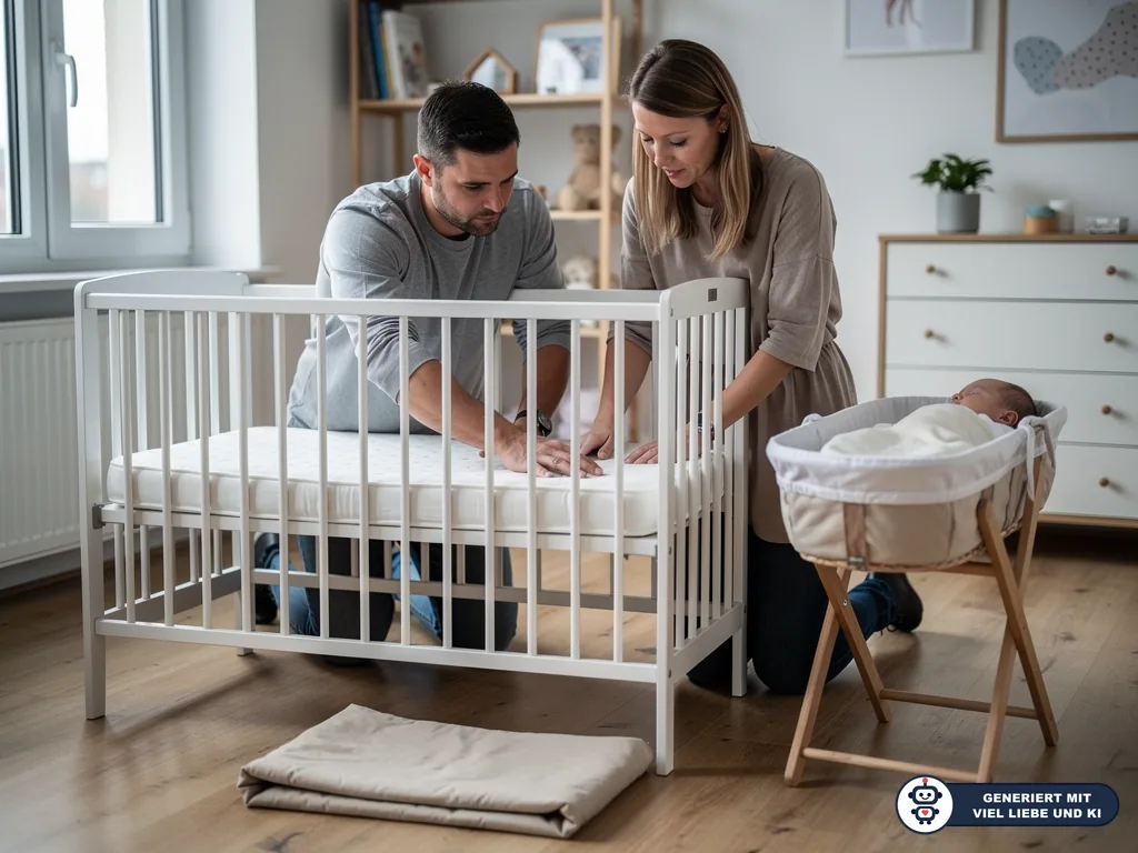 Eltern drücken eine Matratze im weißen Babybett fest, daneben liegt ein Baby in einer Wiege. (mit KI erstellt)