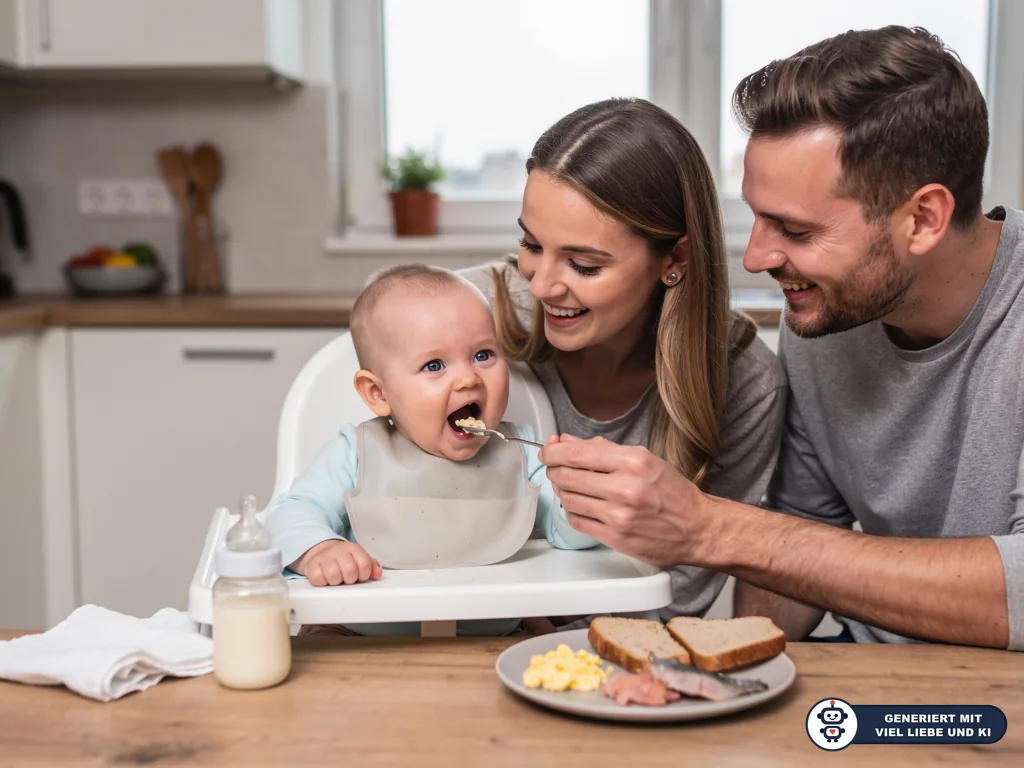 Eltern füttern Baby im Hochstuhl mit Brei; auf dem Tisch stehen Flasche, Brot und kleine Speisen. (mit KI erstellt)