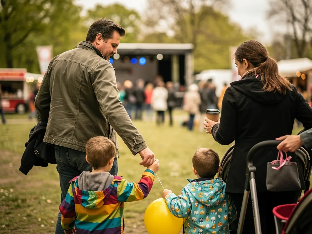 Eltern gehen mit zwei Kindern, Kinderwagen und Luftballon über ein Festivalgelände vor einer Bühne.