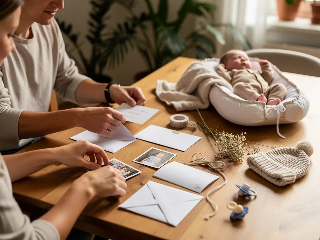 Eltern gestalten Geburtskarten mit Fotos und Umschlägen, während ihr Baby in einem Nestchen auf dem Tisch liegt.