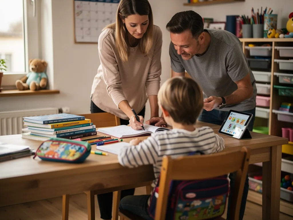 Eltern helfen einem Kind am Schreibtisch mit Heft, Büchern, Stiften und Tablet im Kinderzimmer.
