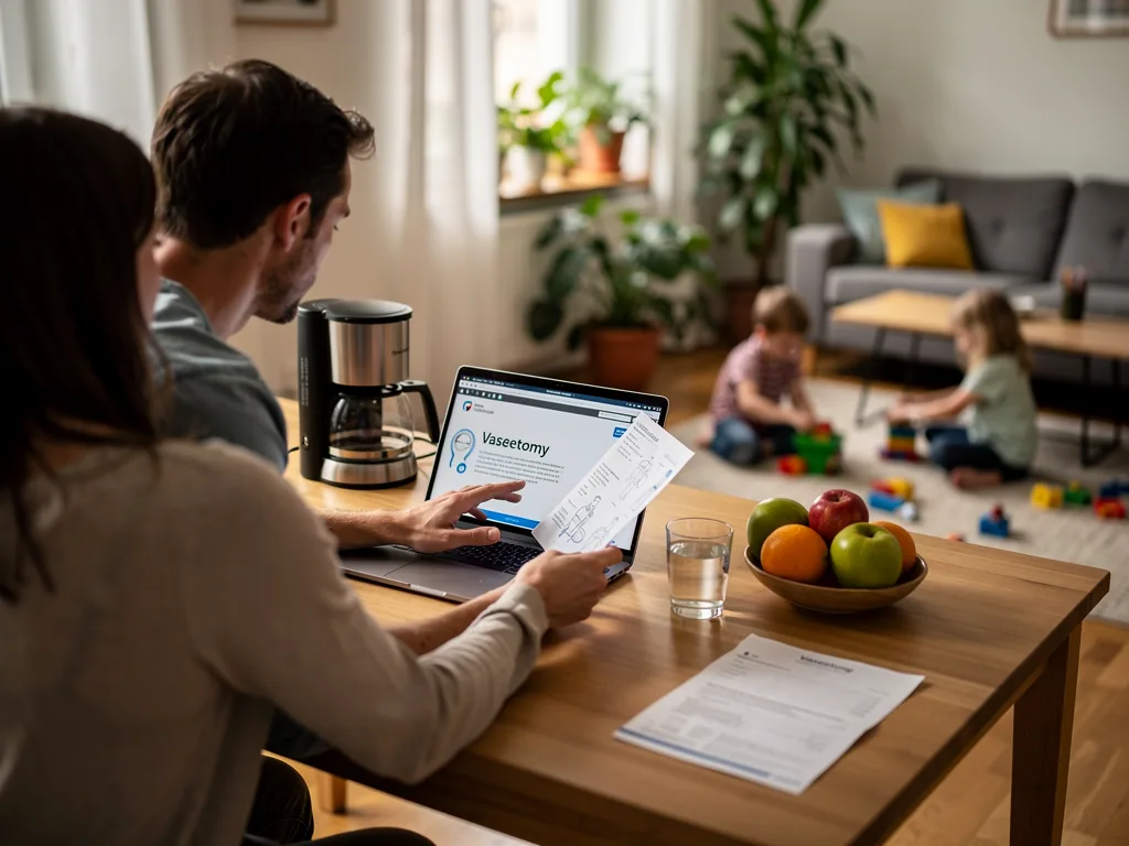 Eltern informieren sich am Laptop über Vasektomie, während zwei Kinder im Wohnzimmer spielen.