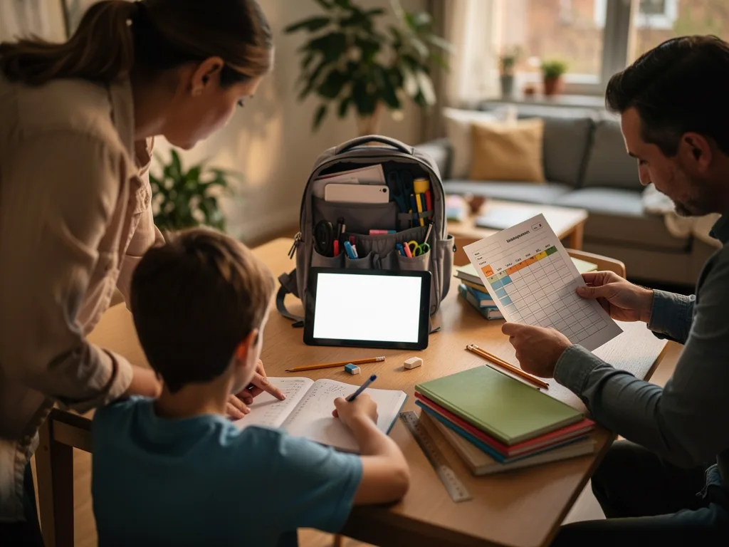Eltern kontrollieren am Tisch Hausaufgaben und Wochenplan eines Kindes neben gepacktem Schulrucksack.