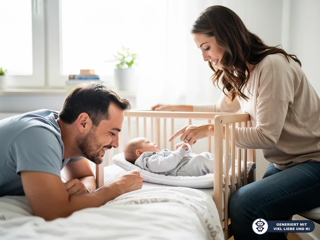 Eltern lächeln ihr Baby in einem Beistellbett neben dem Elternbett an. (mit KI erstellt)