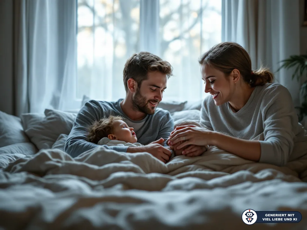 Eltern liegen mit Kleinkind im Bett und halten seine Hände in ruhigem Morgenlicht. (mit KI erstellt)