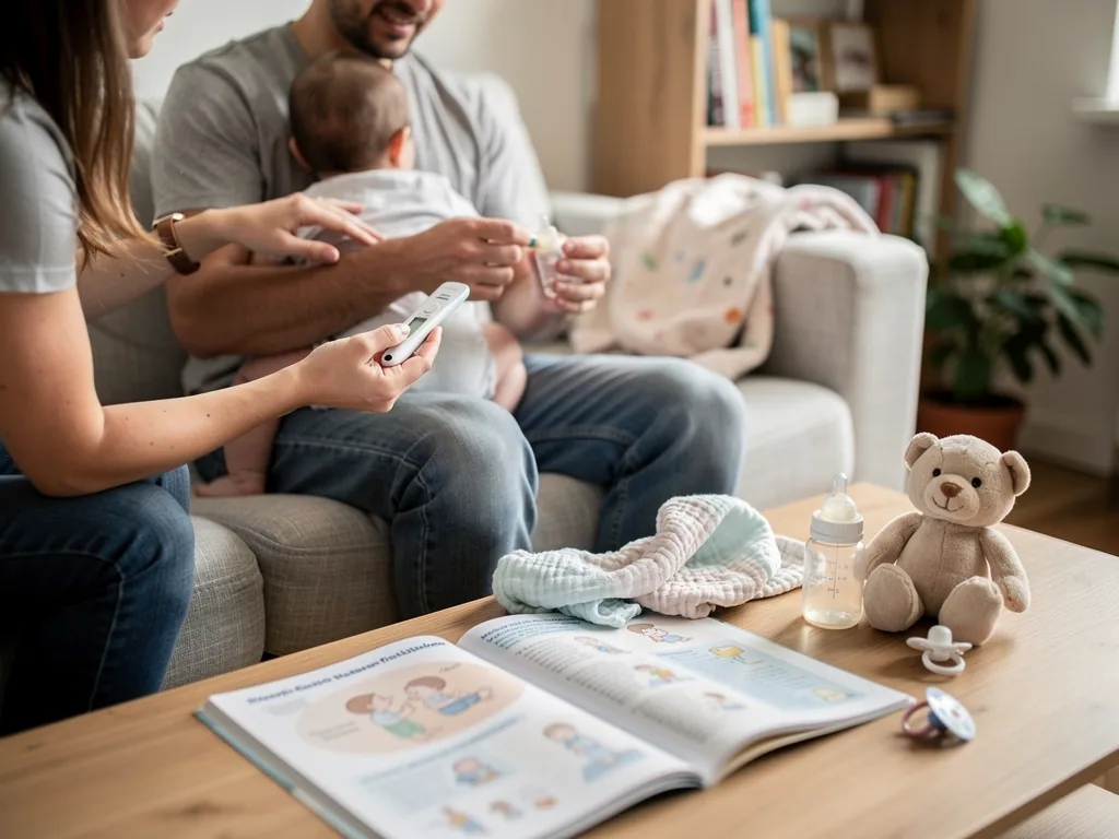 Eltern messen bei ihrem Baby auf dem Sofa Fieber; auf dem Tisch liegen Babyflasche, Schnuller und Ratgeber.