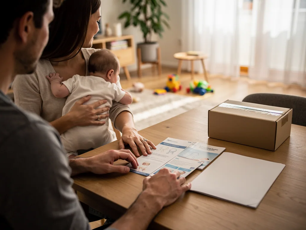 Eltern mit Baby prüfen Unterlagen und Versandbox zur Einlagerung von Nabelschnurblut am Esstisch.