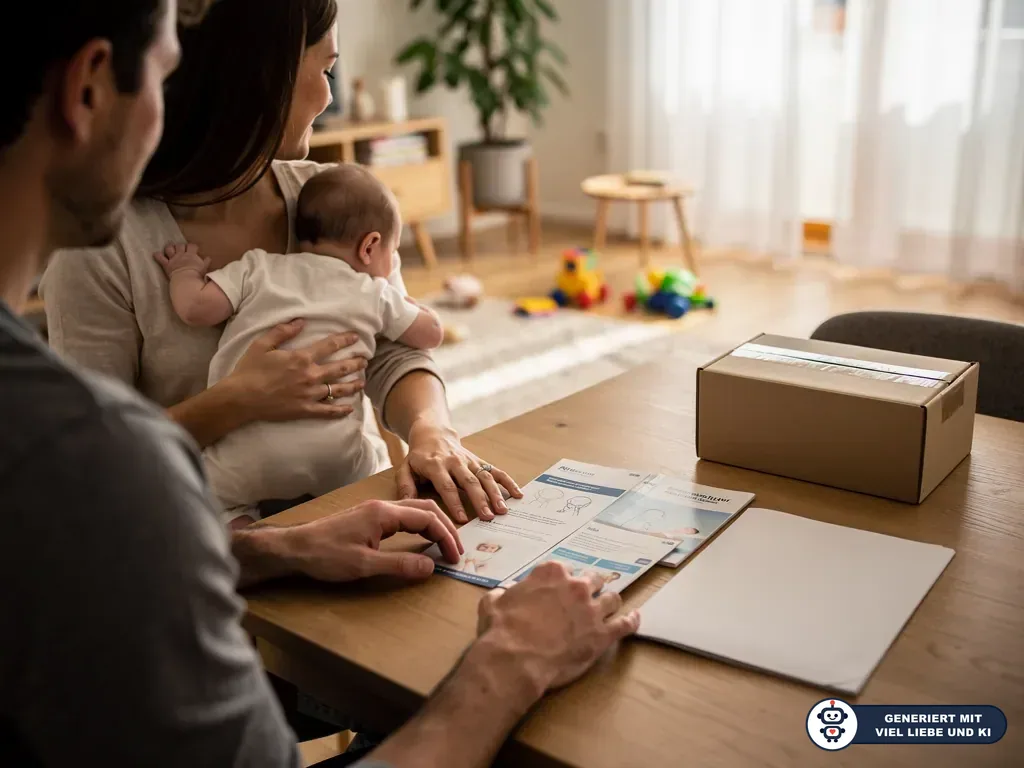 Eltern mit Baby prüfen Unterlagen und Versandbox zur Einlagerung von Nabelschnurblut am Esstisch. (mit KI erstellt)