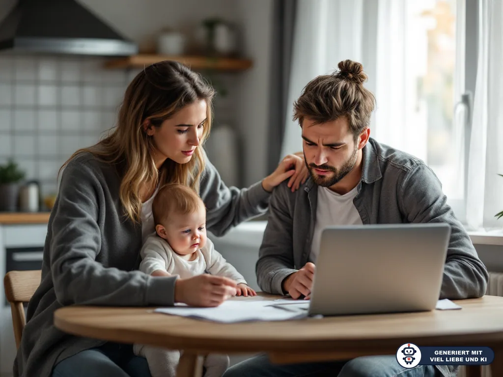 Eltern mit Baby sitzen am Küchentisch vor Laptop und Unterlagen und wirken besorgt. (mit KI erstellt)