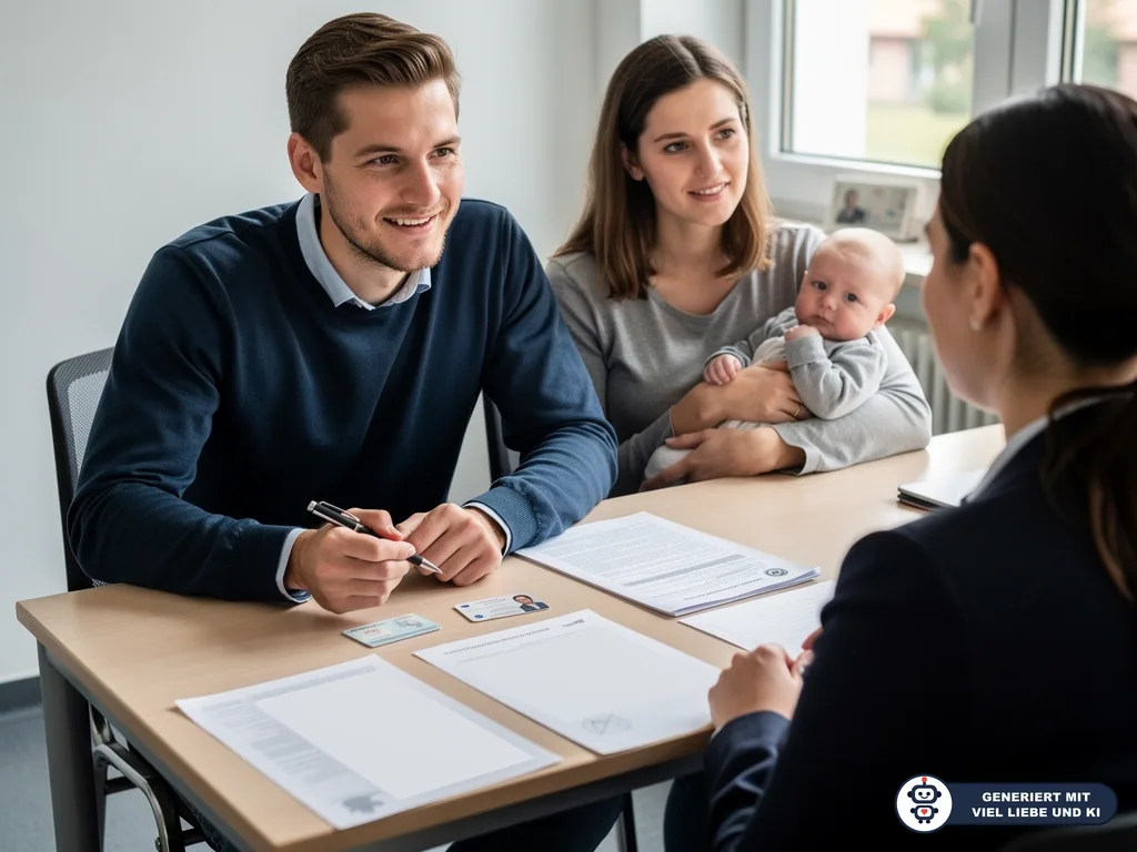 Eltern mit Baby sitzen im Amt einer Sachbearbeiterin gegenüber, vor ihnen liegen Ausweise und Formulare. (mit KI erstellt)