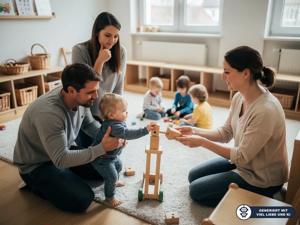 Eltern mit Kleinkind und Erzieherin spielen in hellem Betreuungsraum mit Holzspielzeug, weitere Kinder im Hintergrund. (mit KI erstellt)