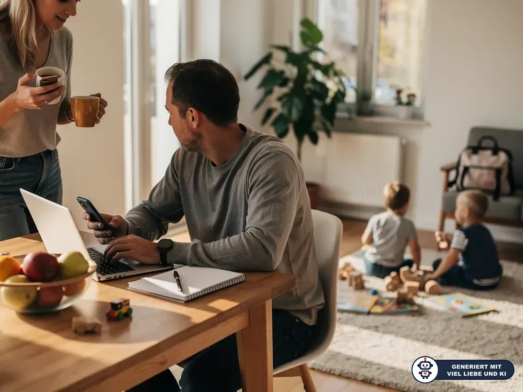 Eltern mit Laptop und Smartphone am Esstisch, während zwei Kinder im Wohnzimmer mit Bauklötzen spielen. (mit KI erstellt)