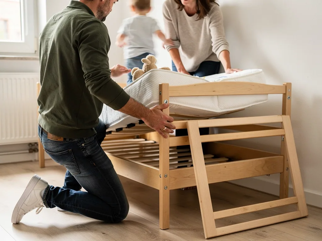 Eltern montieren ein Kinderbett aus Holz, während ein Kind im hellen Zimmer danebensteht.