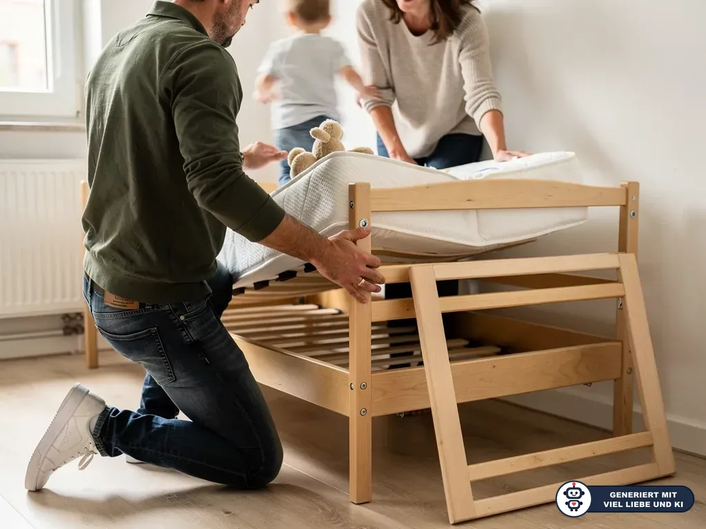 Eltern montieren ein Kinderbett aus Holz, während ein Kind im hellen Zimmer danebensteht. (mit KI erstellt)