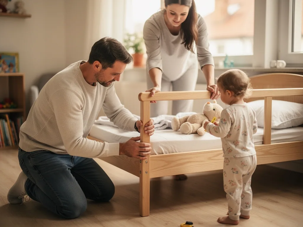 Eltern montieren ein niedriges Kinderbett aus Holz, während ein Kleinkind mit Kuscheltier danebensteht.
