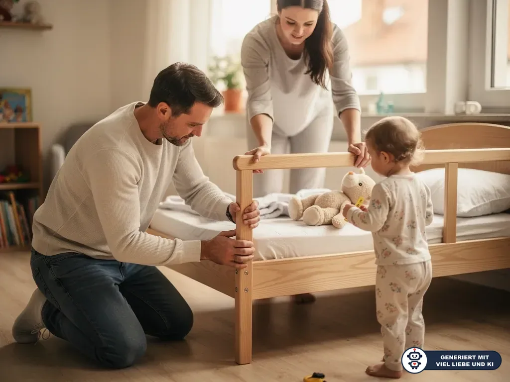 Eltern montieren ein niedriges Kinderbett aus Holz, während ein Kleinkind mit Kuscheltier danebensteht. (mit KI erstellt)