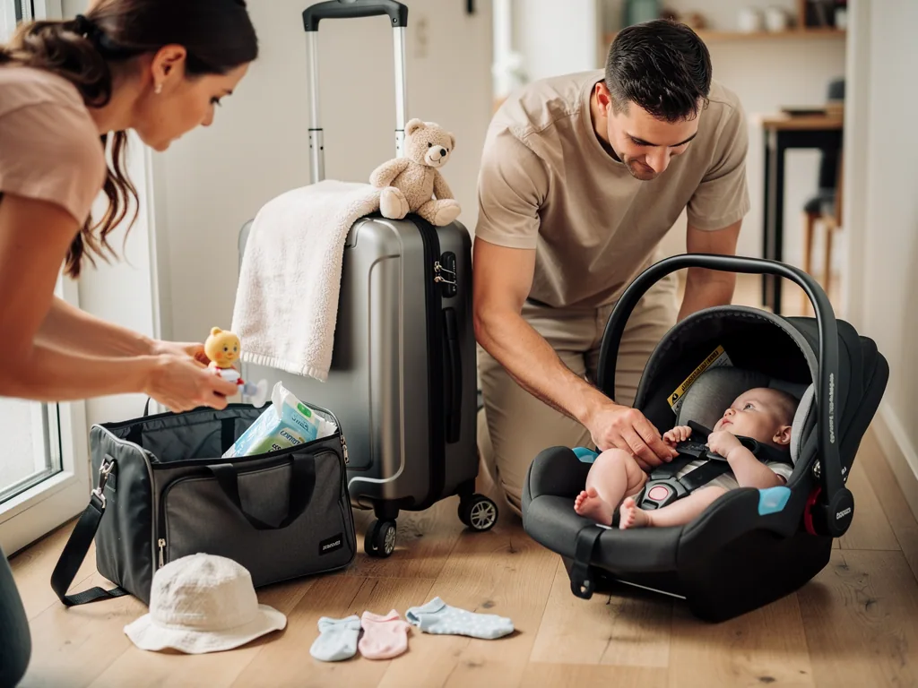 Eltern packen Babytasche und sichern ein Baby in der Babyschale neben Koffer, Spielzeug und Kleidung.