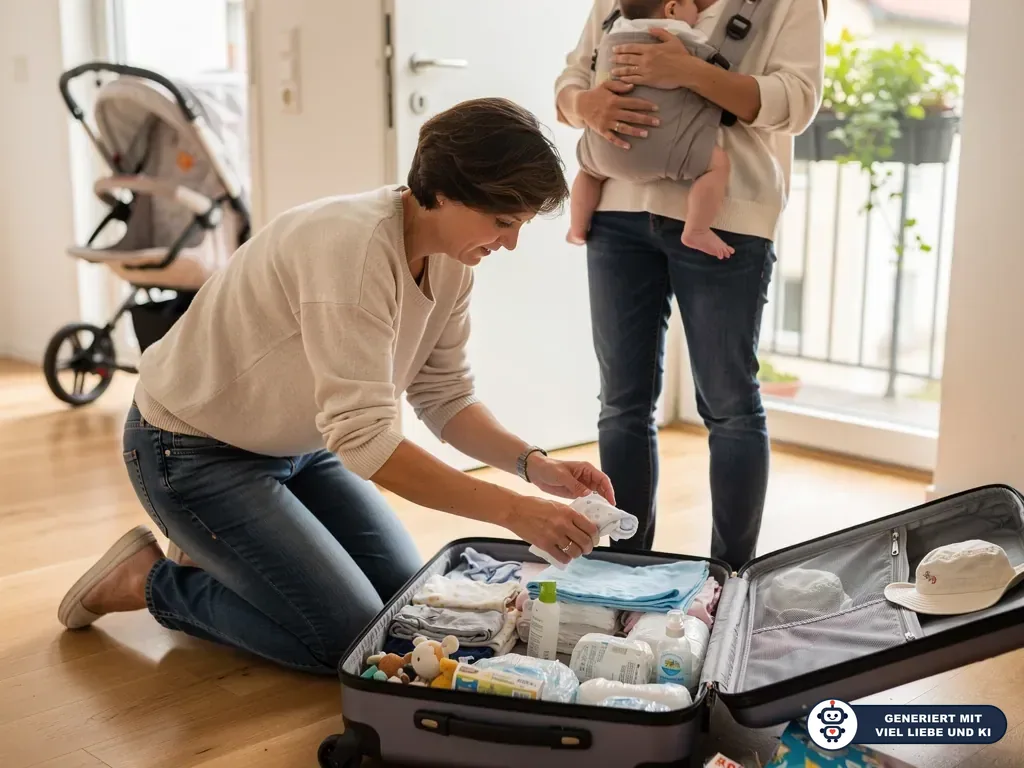 Eltern packen im hellen Flur einen Koffer mit Babykleidung, Pflegeartikeln und Spielzeug; ein Säugling wird getragen. (mit KI erstellt)