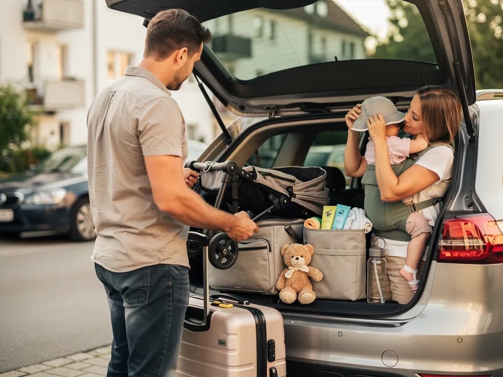 Eltern packen Kinderwagen, Babypflege und Koffer in den Kofferraum, die Mutter trägt ein Baby.