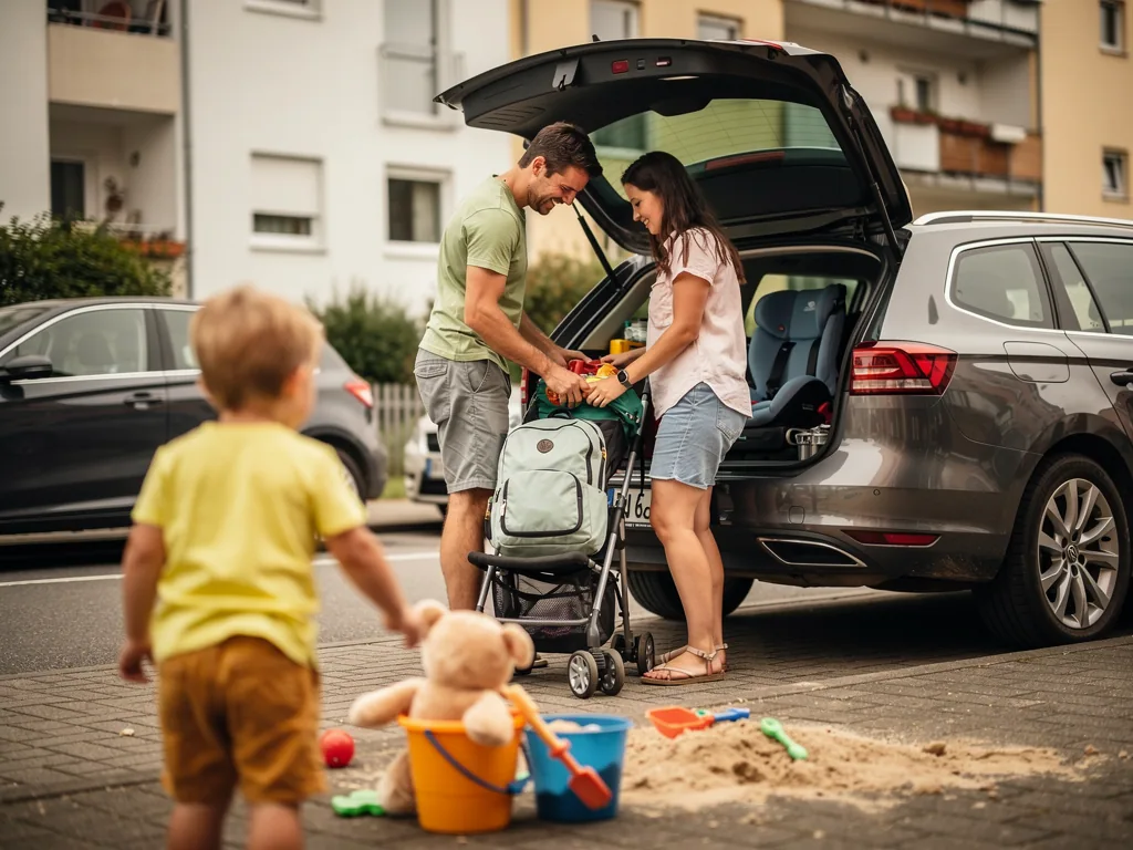 Eltern packen Kinderwagen und Gepäck ins Auto, während ein Kleinkind mit Strandsachen auf dem Gehweg steht.
