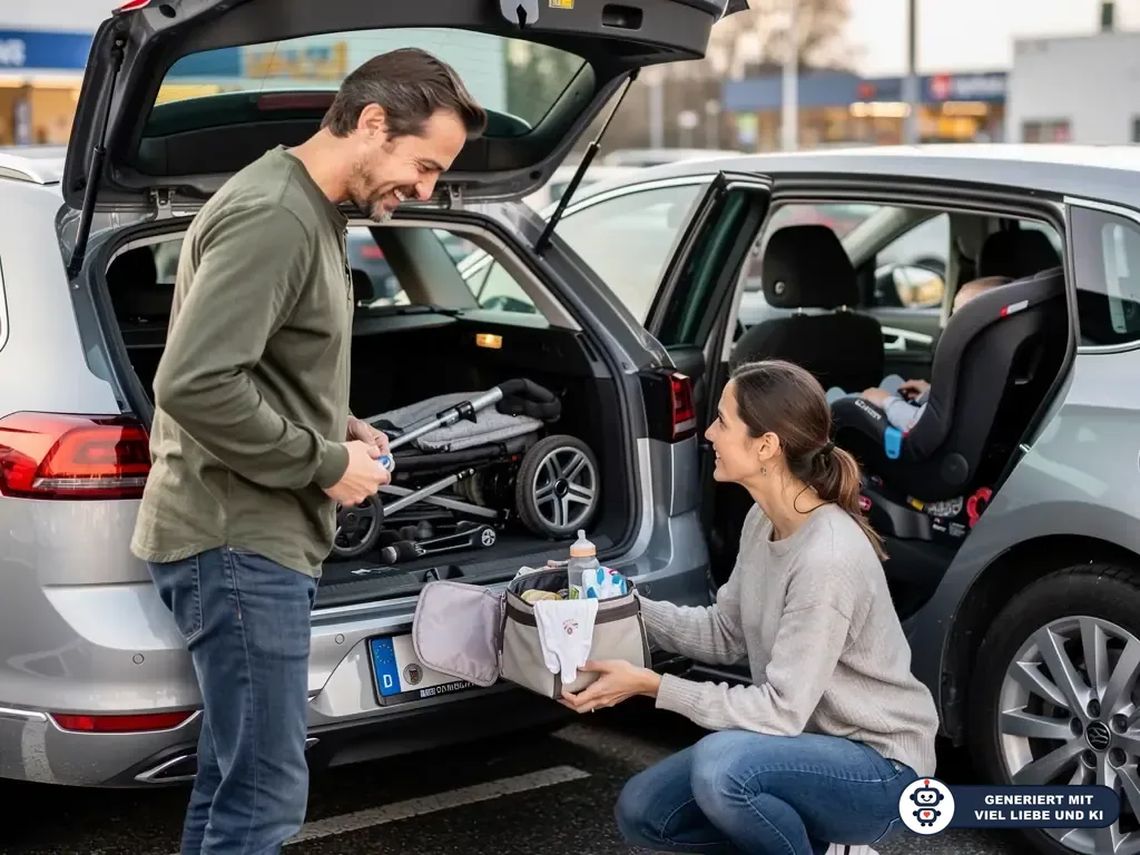 Eltern packen Kinderwagen und Wickeltasche in ein Auto, das Baby sitzt im Kindersitz auf der Rückbank. (mit KI erstellt)