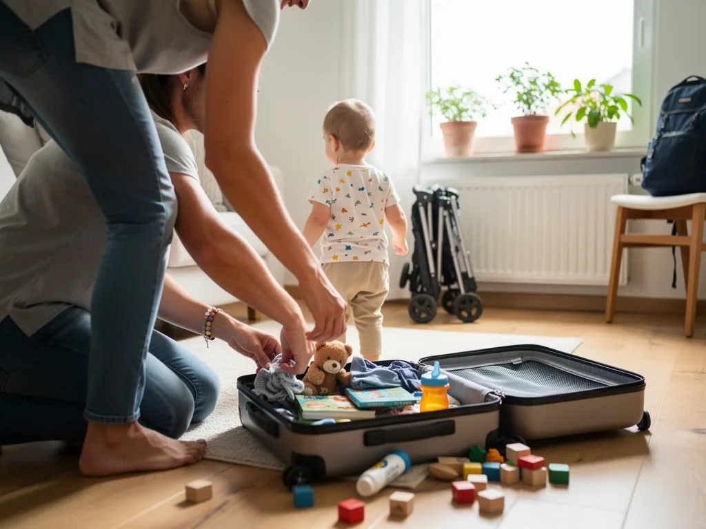 Eltern packen Kleidung, Kuscheltier und Spielsachen in einen Koffer, während ein Kleinkind im Zimmer steht.