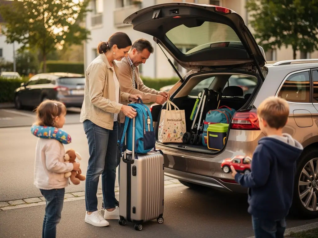 Eltern packen Koffer und Kinderwagen in ein Auto, zwei Kinder warten mit Nackenkissen, Kuscheltier und Spielzeugauto.