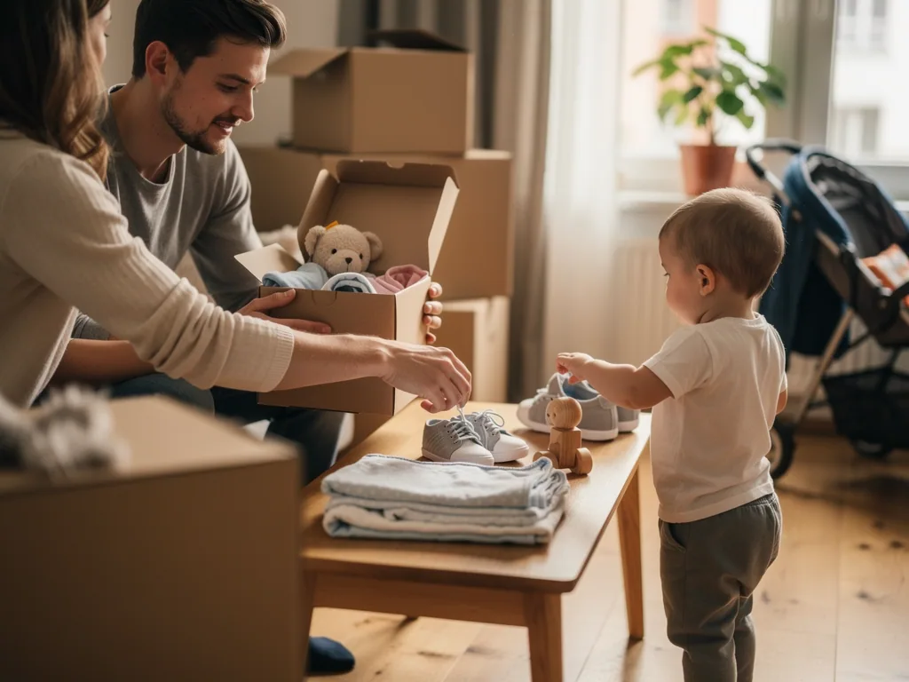 Eltern packen mit Kleinkind Babykleidung und Spielzeug in Kartons; im Wohnzimmer stehen Umzugskisten und Kinderwagen.